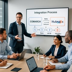 The image depicts a modern office environment with a large sleek conference table surrounded by professionals engaged in a discussion The room is brig